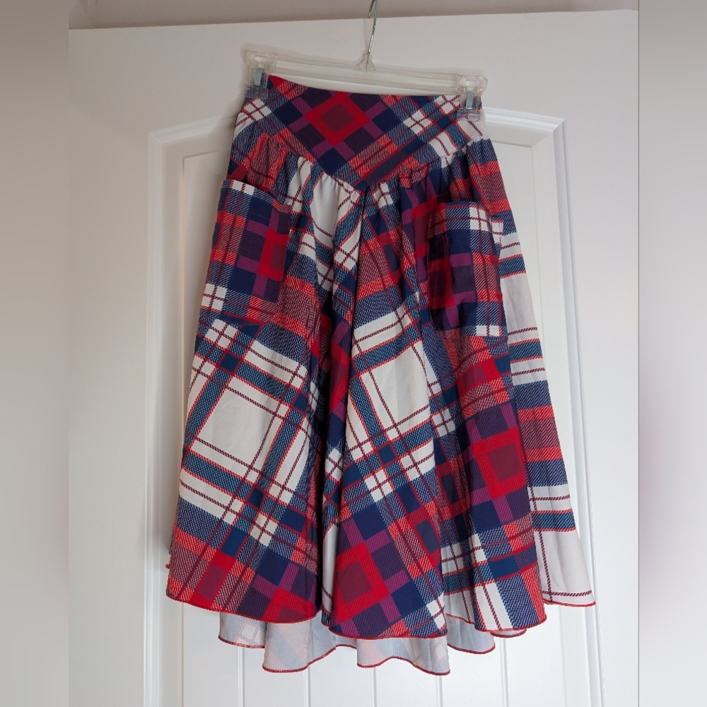 Blackmilk Red and Blue Yoke Plaid Midi Skirt